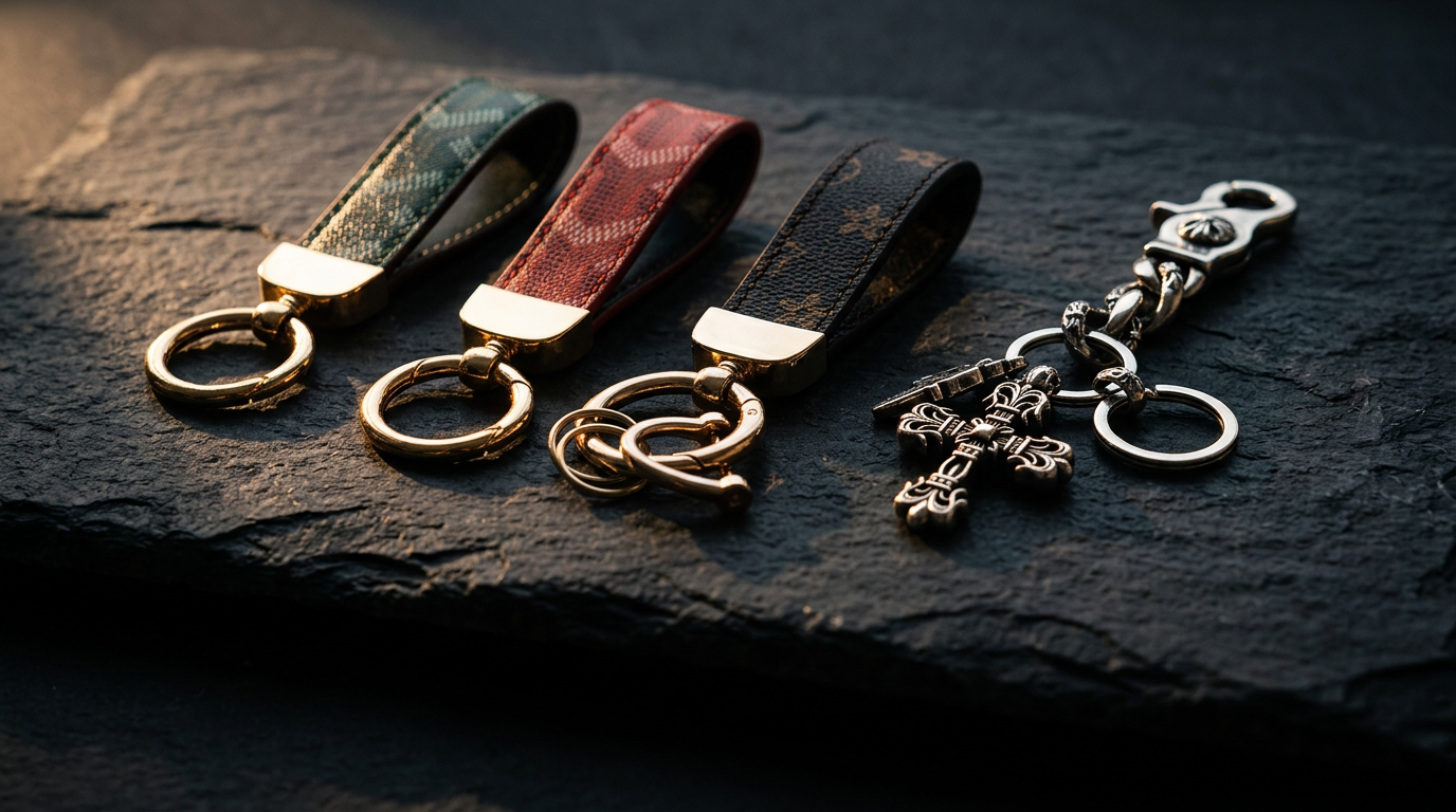 Hype Chainz keychains arranged on dark stone